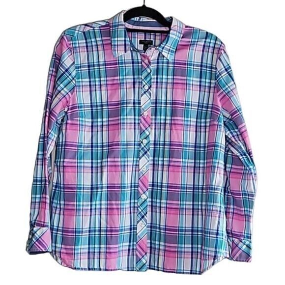 Talbots Womens XLp Button Up Pastel Plaid Preppy Academia Spring Chambray Easter - Picture 1 of 8